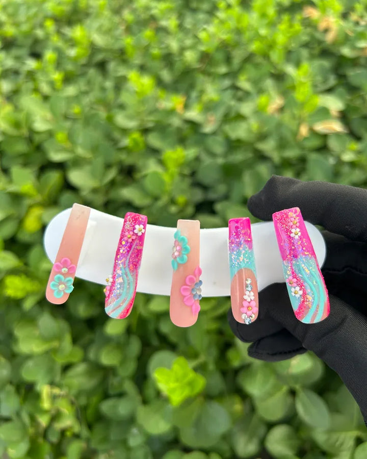 73 Pink‑Teal 3D Flower Press‑on Nails