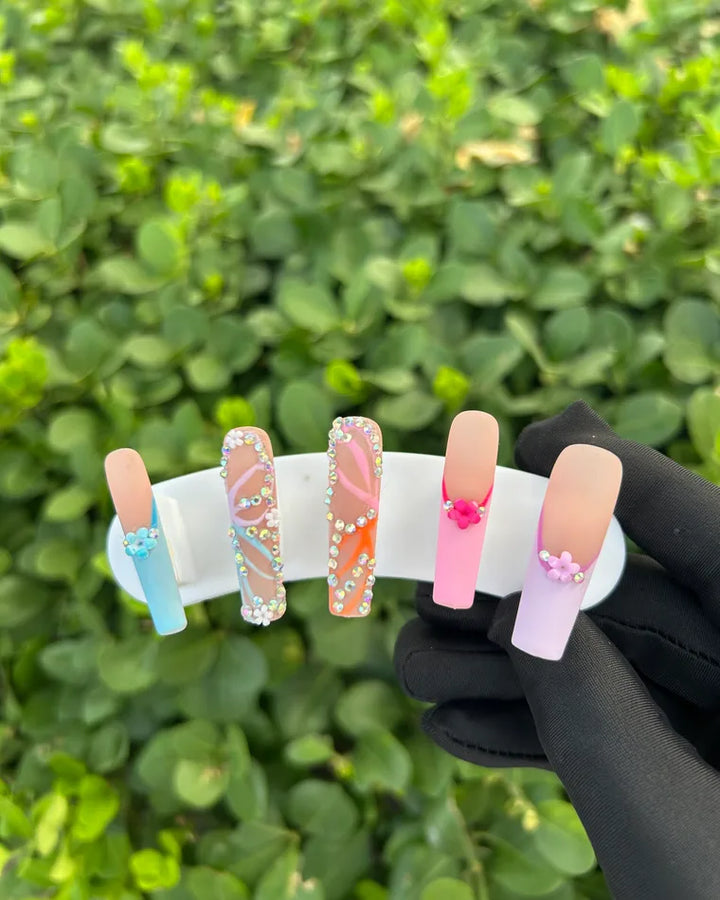 75 Macaron 3D Flower Rhinestone Press‑on Nails