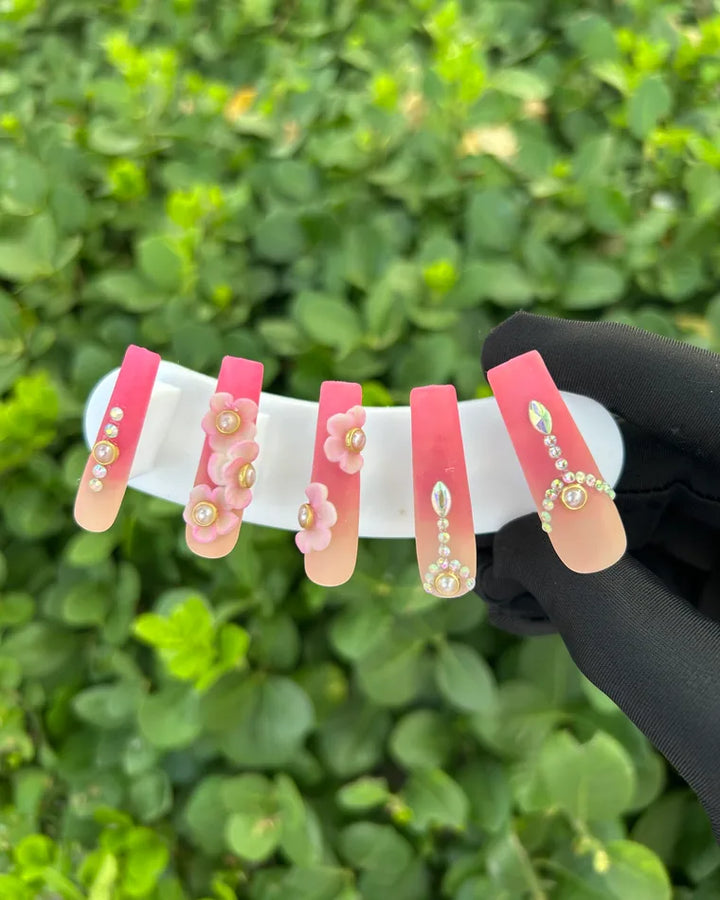 80 Peach Gradient Pearl 3D Flower Press‑on Nails