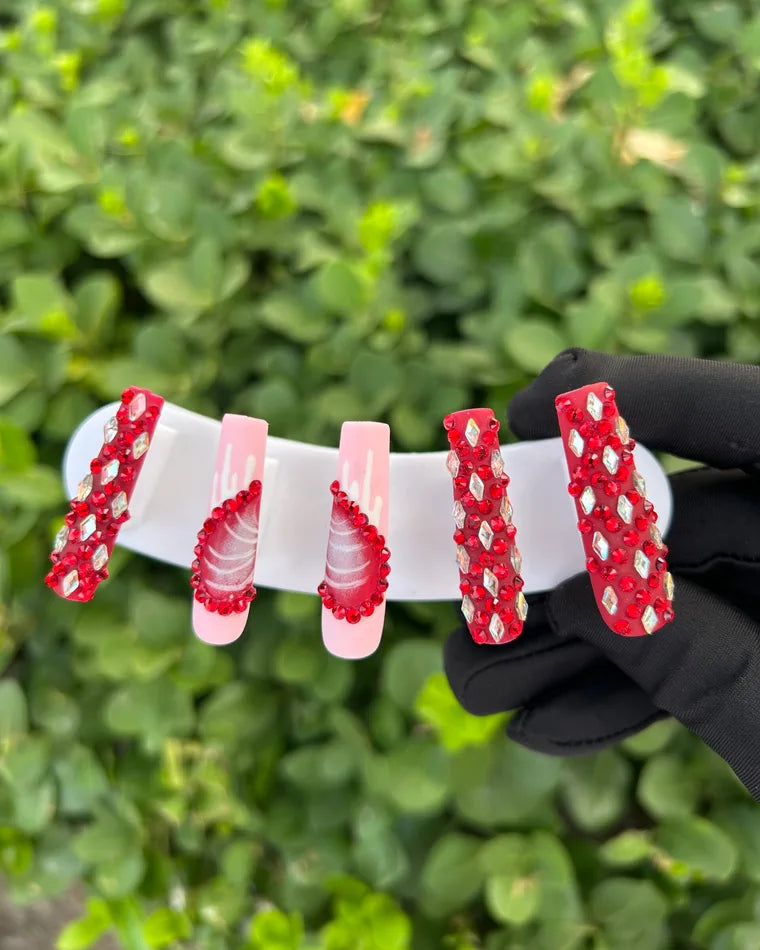 81 Full Red Rhinestone Flame Press‑on Nails