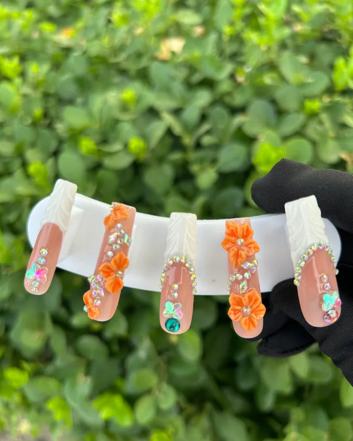 85 Orange 3D Flower Butterfly Rhinestone Press‑on Nails