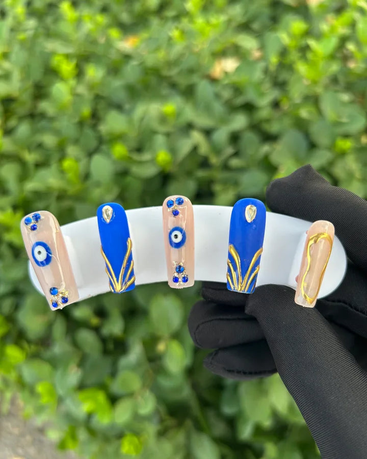 89 Klein Blue Evil‑Eye Gold Liner Rhinestone Press‑on Nails
