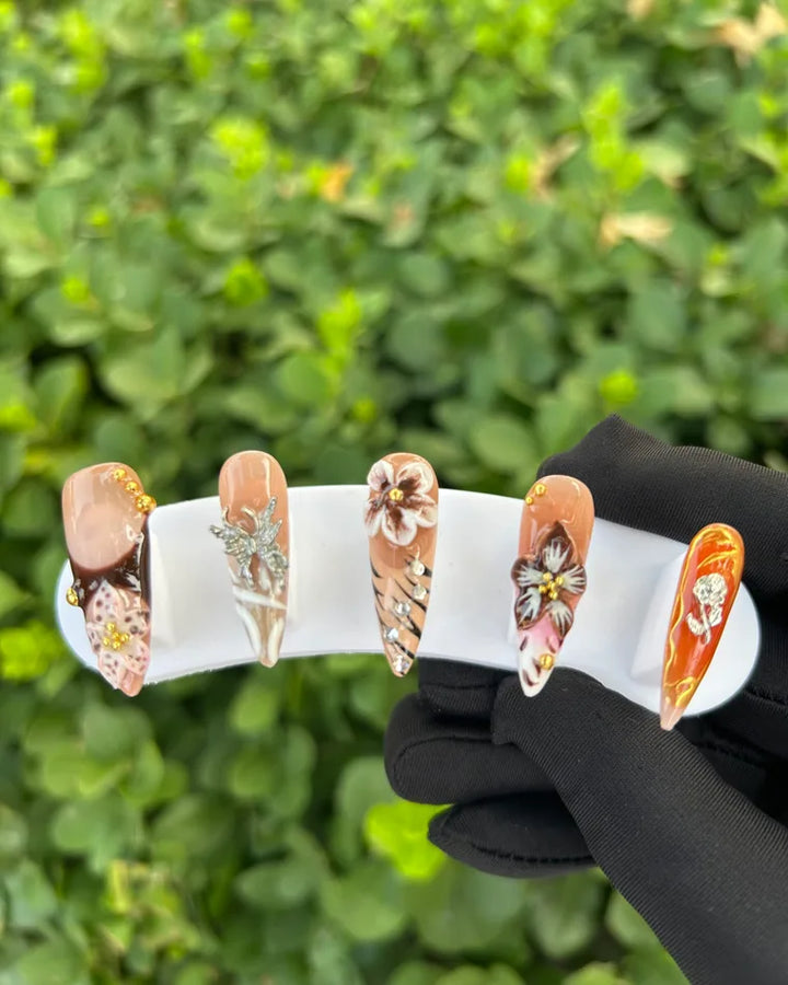 90 Caramel Brown 3D Flower Butterfly Leopard Press‑on Nails