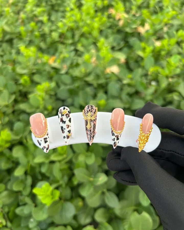 92 Leopard Nude Gold Bead Cross Stiletto Press‑on Nails