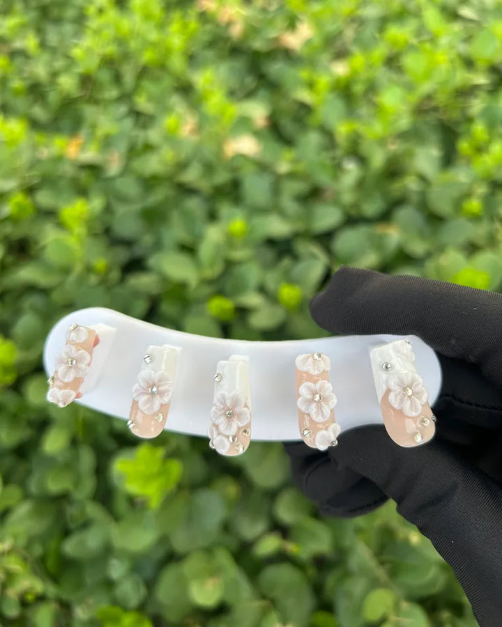 95 Nude‑White Ombre 3D Camellia Rhinestone Press‑on Nails