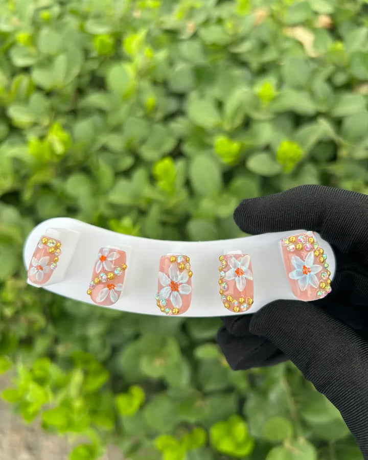 97 Nude‑Pink Hand‑Painted White Flower Gold Bead AB Rhinestone Press‑on Nails