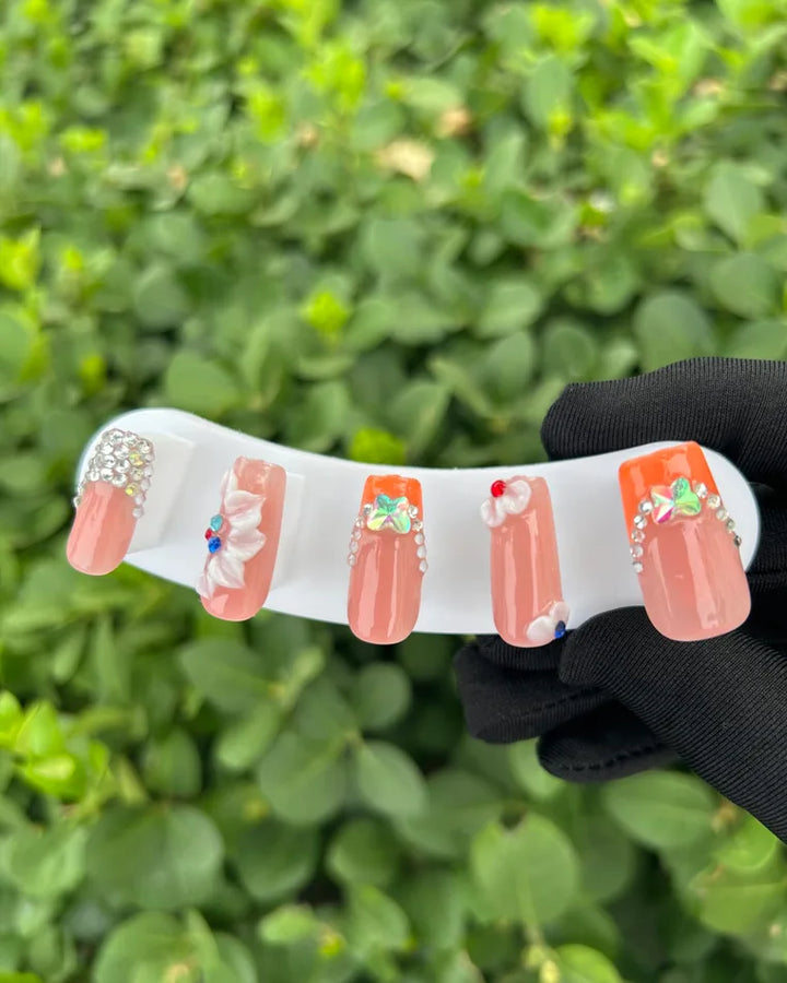 103 Nude‑Pink 3D White Flower Colorful Rhinestone Butterfly Bling Press‑on Nails