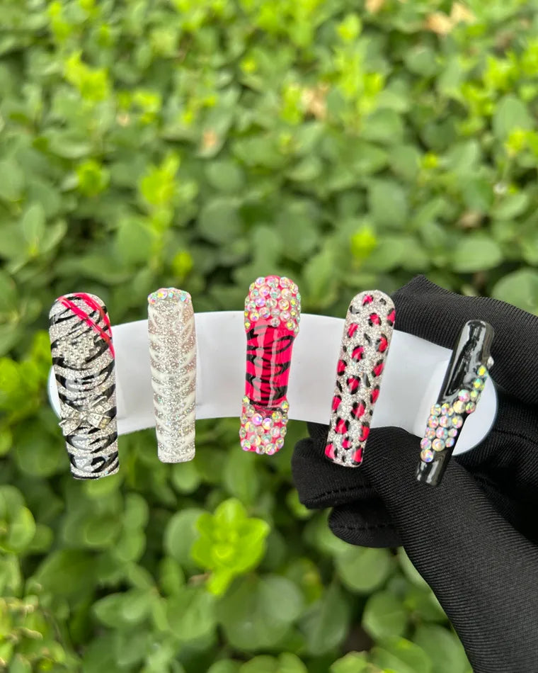 104 Hot Pink Leopard Bling Nails