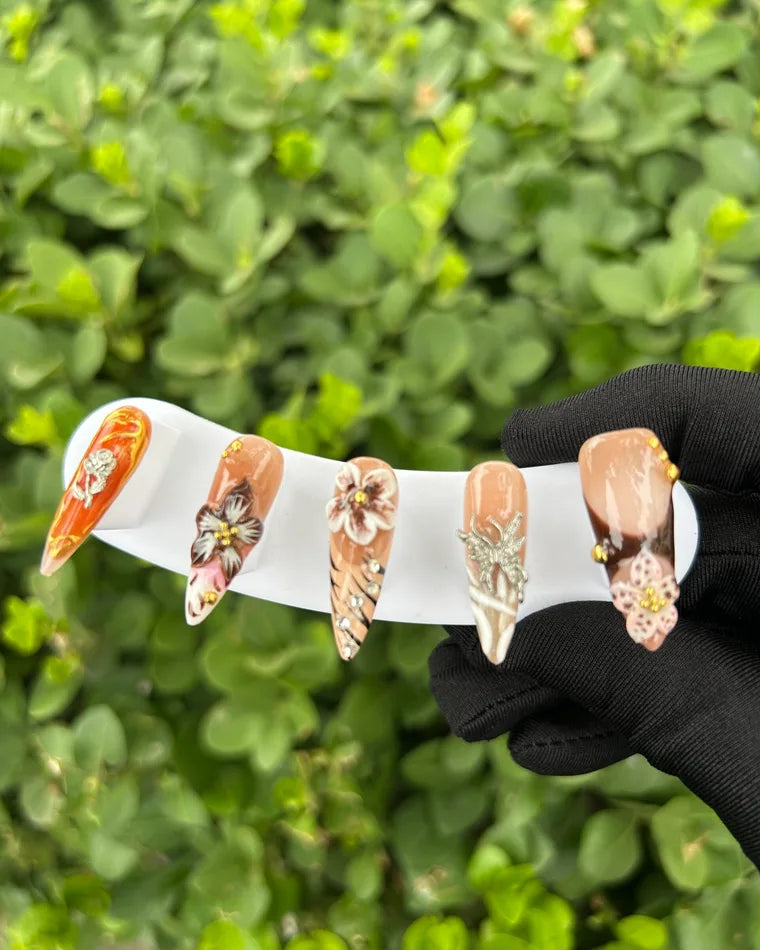 107 Caramel Floral Butterfly Nails