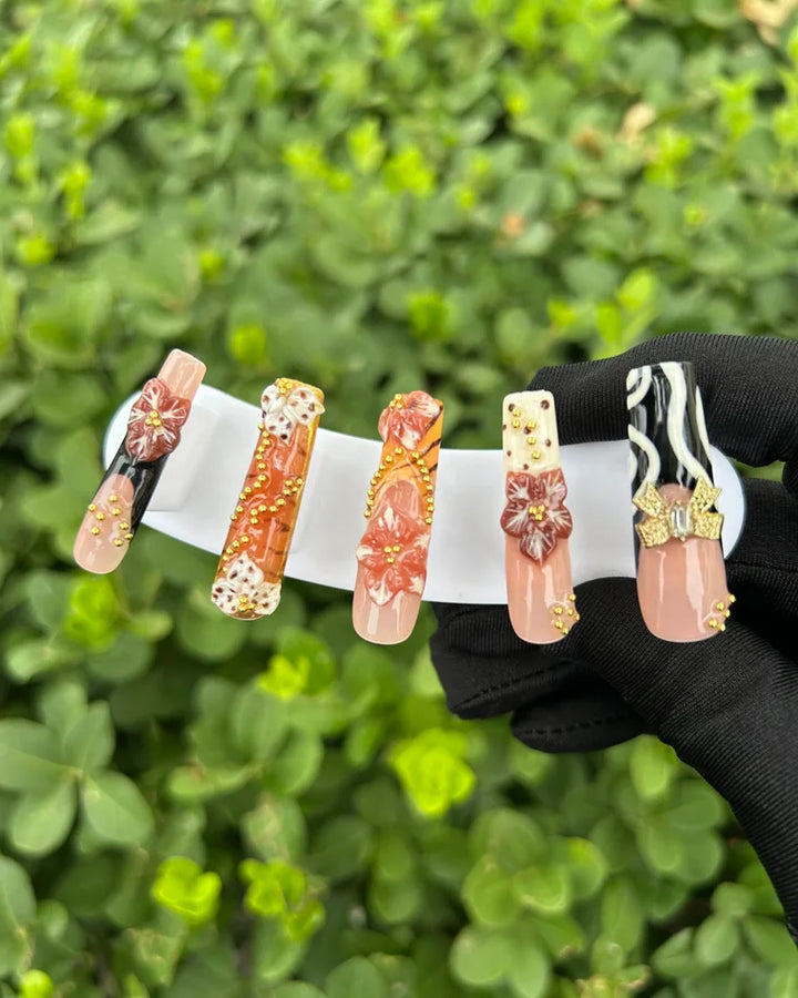 110 Orange Red 3D Floral Gold Nails