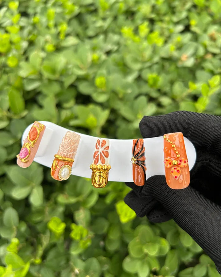 113 Orange Vintage Gold Gem Nails