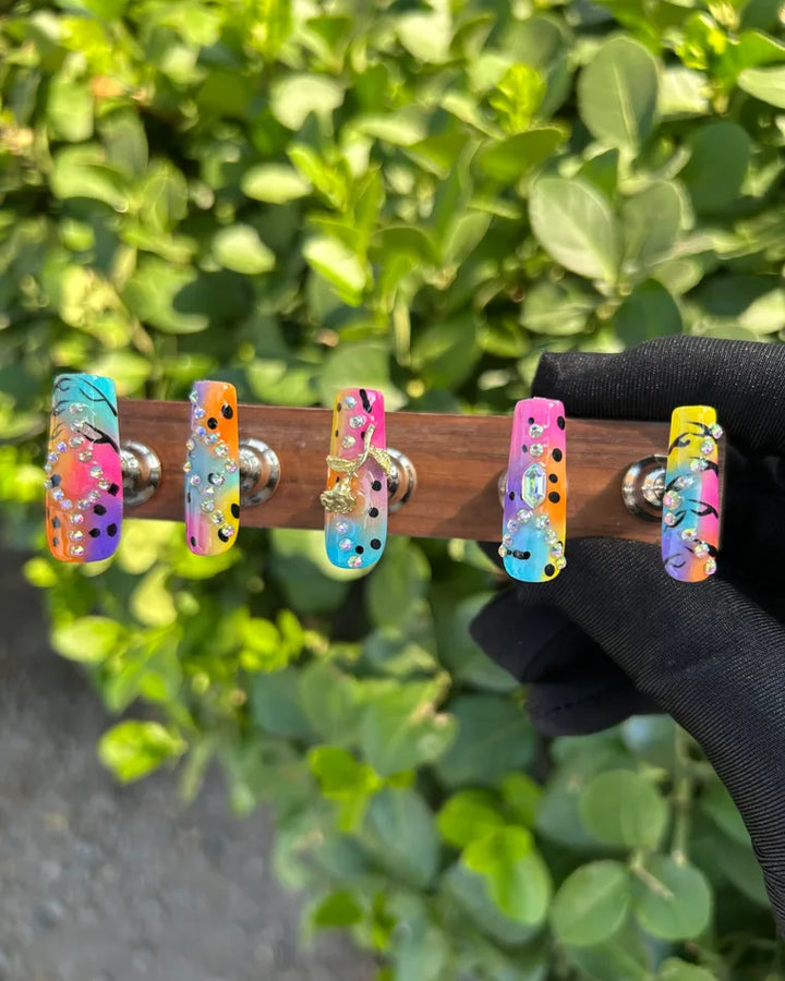 4 Rainbow Ombre Rhinestone Coffin Press‑On Nails
