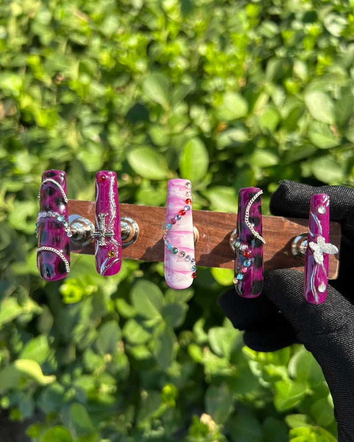 7 Purple Leopard Cross Colorful Rhinestone Press‑On Nails